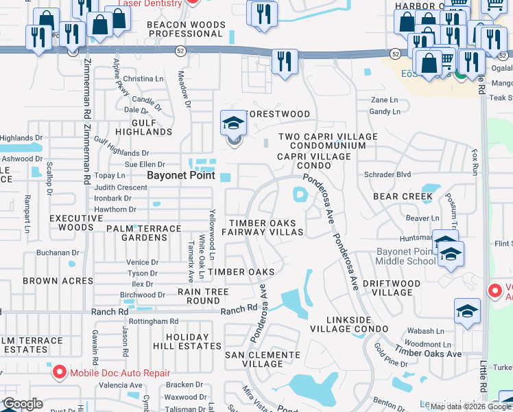 map of restaurants, bars, coffee shops, grocery stores, and more near 8150 Braddock Circle in Port Richey