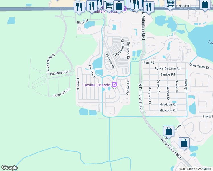 map of restaurants, bars, coffee shops, grocery stores, and more near 99 Clubhouse Drive in Kissimmee