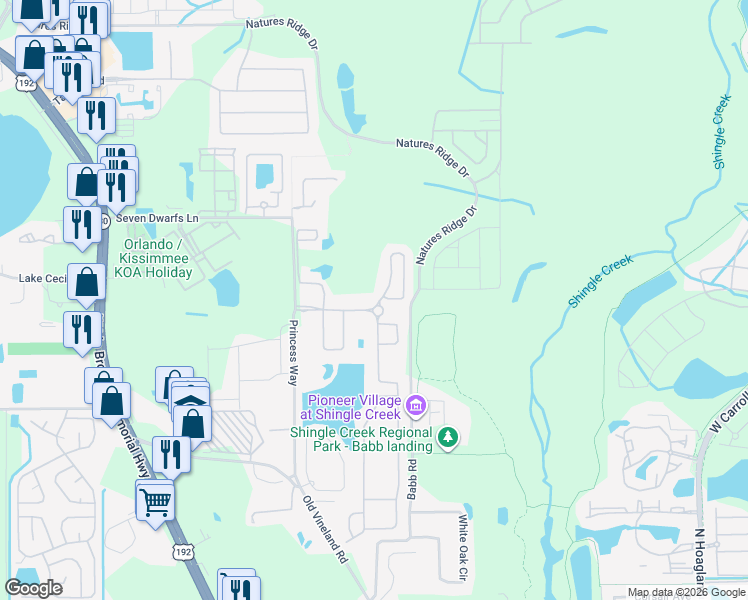 map of restaurants, bars, coffee shops, grocery stores, and more near 2604 Tranquility Way in Kissimmee