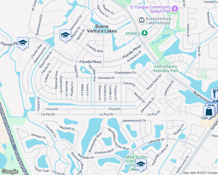 map of restaurants, bars, coffee shops, grocery stores, and more near 103 Loredo Lane in Kissimmee