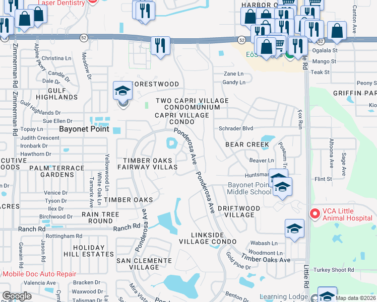 map of restaurants, bars, coffee shops, grocery stores, and more near 11411 Dollar Lake Drive in Port Richey