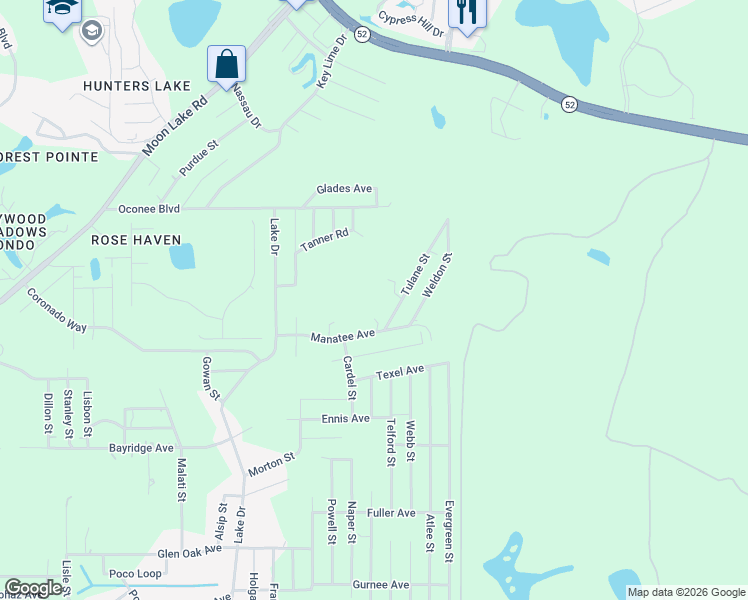 map of restaurants, bars, coffee shops, grocery stores, and more near 11335 Tulane Street in New Port Richey