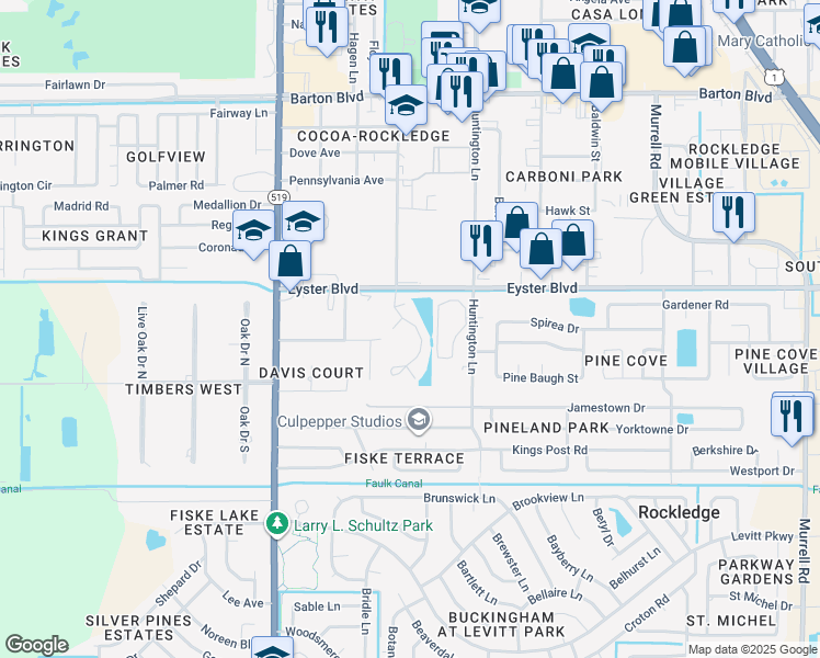 map of restaurants, bars, coffee shops, grocery stores, and more near 1909 Woodhaven Circle in Rockledge