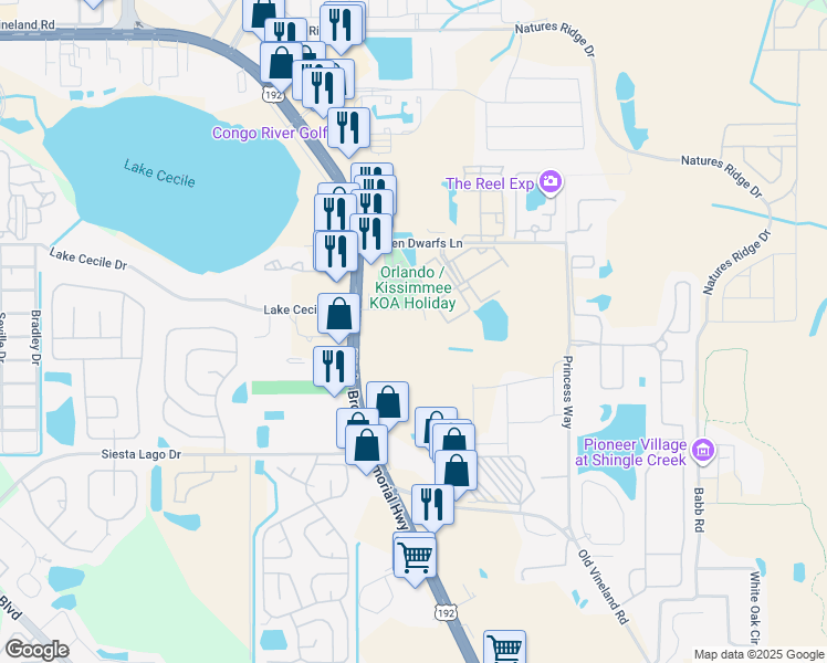 map of restaurants, bars, coffee shops, grocery stores, and more near 4600 Cecile Drive in Kissimmee
