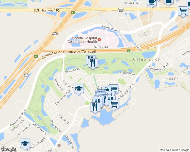 map of restaurants, bars, coffee shops, grocery stores, and more near 455 Water Street in Celebration