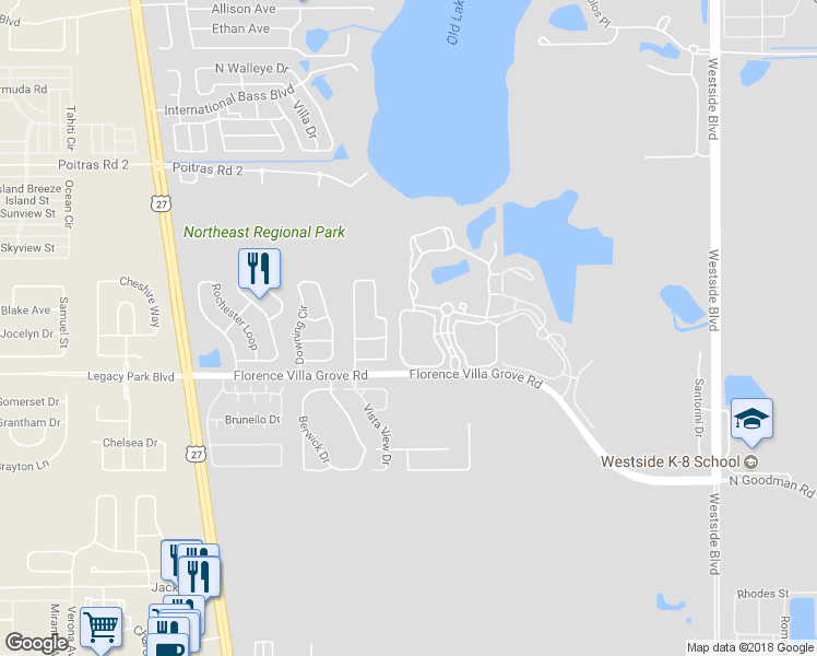 map of restaurants, bars, coffee shops, grocery stores, and more near 210 Lucaya Loop in Davenport