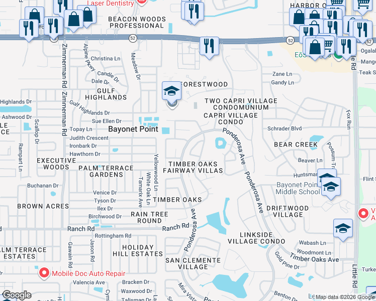 map of restaurants, bars, coffee shops, grocery stores, and more near 8150 Braddock Circle in Port Richey
