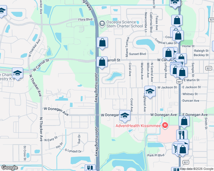 map of restaurants, bars, coffee shops, grocery stores, and more near 1008 Whalebone Bay Drive in Kissimmee