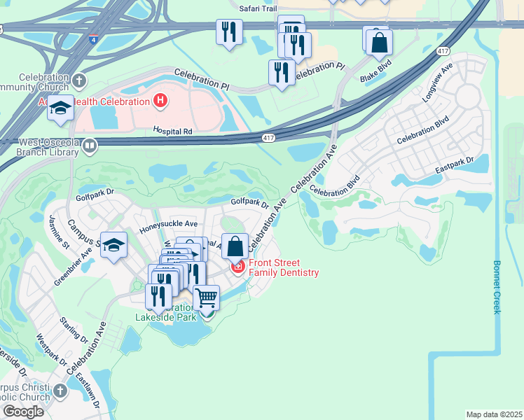 map of restaurants, bars, coffee shops, grocery stores, and more near 502 Golfpark Drive in Kissimmee