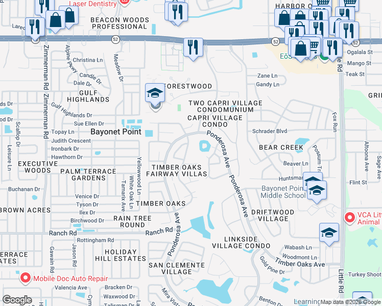map of restaurants, bars, coffee shops, grocery stores, and more near 11400 Carriage Hill Drive in Port Richey