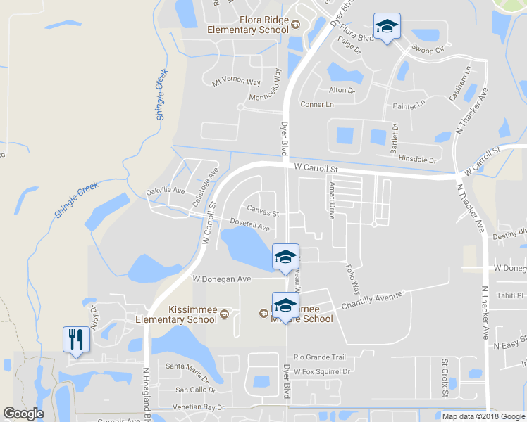 map of restaurants, bars, coffee shops, grocery stores, and more near Canvas Street in Kissimmee