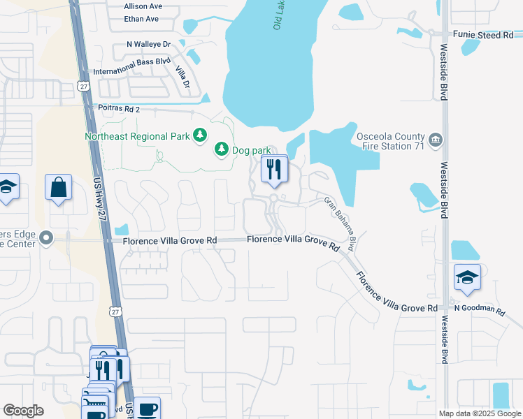 map of restaurants, bars, coffee shops, grocery stores, and more near 210 Lucaya Loop in Davenport