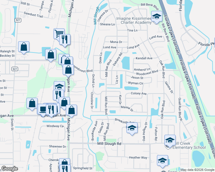 map of restaurants, bars, coffee shops, grocery stores, and more near 1424 Liz Lane in Kissimmee
