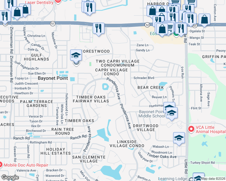 map of restaurants, bars, coffee shops, grocery stores, and more near 11411 Dollar Lake Drive in Port Richey