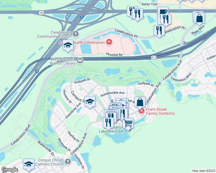 map of restaurants, bars, coffee shops, grocery stores, and more near 415 Water Street in Celebration