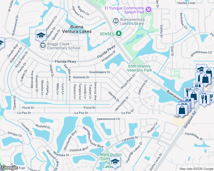 map of restaurants, bars, coffee shops, grocery stores, and more near 174 Toluca Drive in Kissimmee