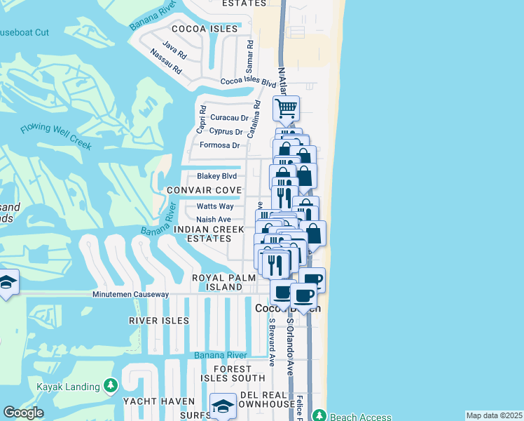 map of restaurants, bars, coffee shops, grocery stores, and more near 237 Woodland Avenue in Cocoa Beach