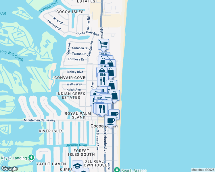 map of restaurants, bars, coffee shops, grocery stores, and more near 241 North Orlando Avenue in Cocoa Beach