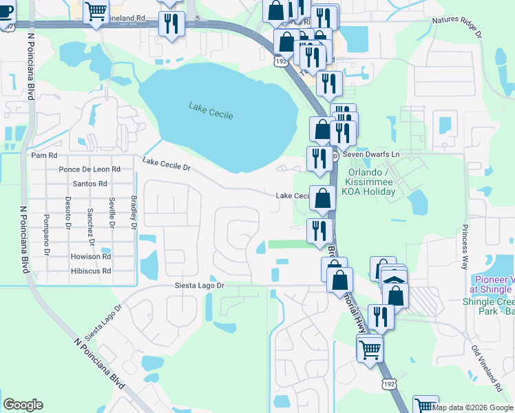 map of restaurants, bars, coffee shops, grocery stores, and more near 2581 Montego Bay Boulevard in Kissimmee