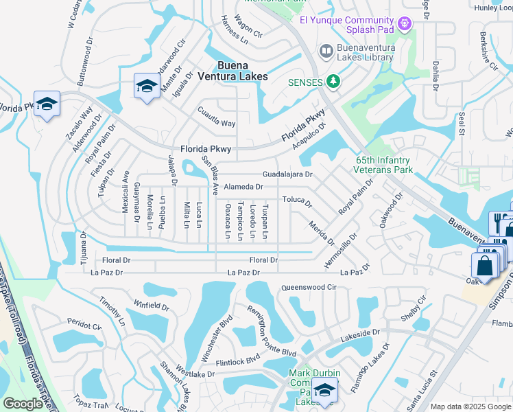 map of restaurants, bars, coffee shops, grocery stores, and more near 103 Loredo Lane in Kissimmee