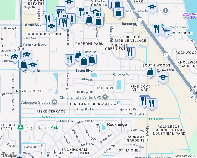 map of restaurants, bars, coffee shops, grocery stores, and more near 866 Gardener Road in Rockledge