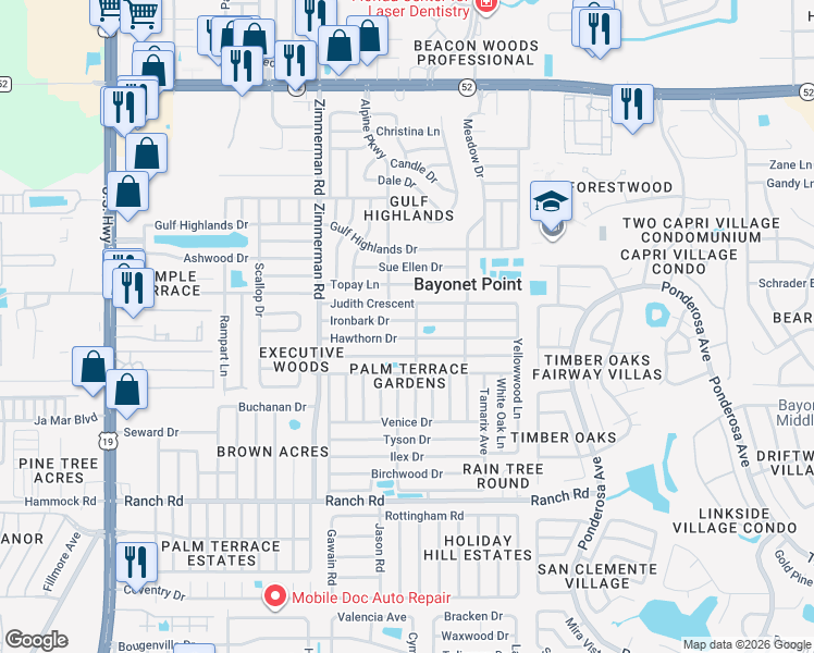 map of restaurants, bars, coffee shops, grocery stores, and more near 7700 Ironbark Drive in Port Richey