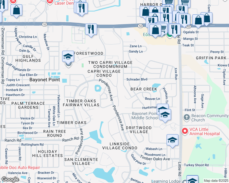 map of restaurants, bars, coffee shops, grocery stores, and more near 11407 Versailles Lane in Port Richey