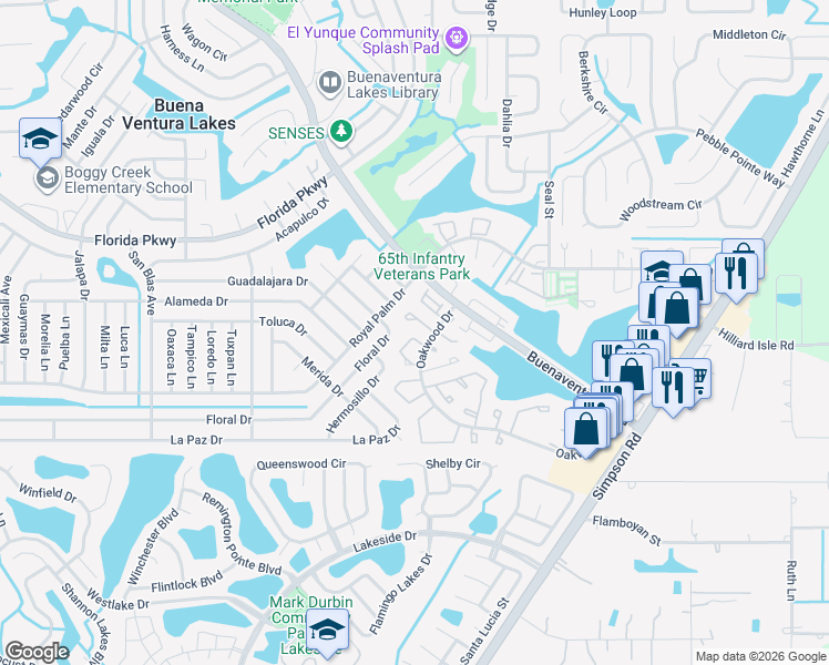 map of restaurants, bars, coffee shops, grocery stores, and more near 20 Silver Oak Circle in Kissimmee