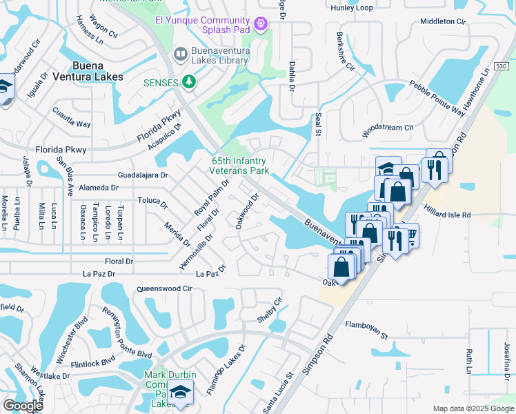 map of restaurants, bars, coffee shops, grocery stores, and more near 37 Laguna Pointe Way in Kissimmee