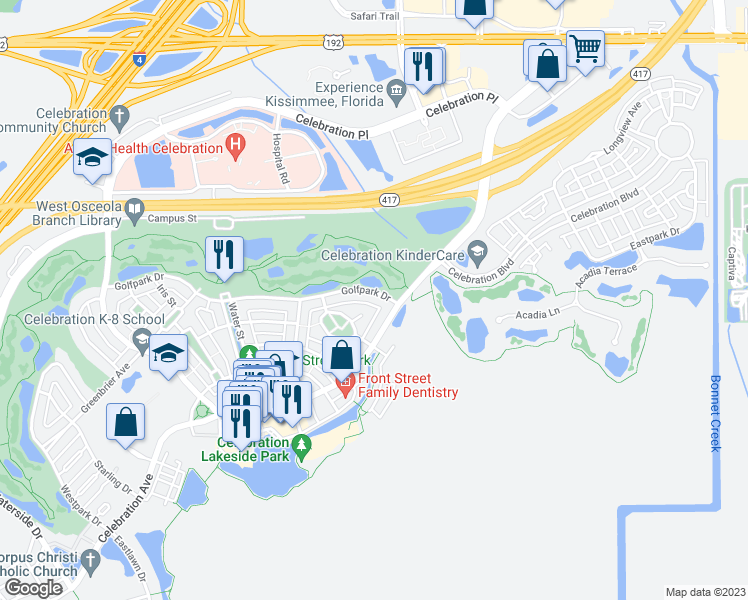 map of restaurants, bars, coffee shops, grocery stores, and more near 504 Golfpark Drive in Kissimmee