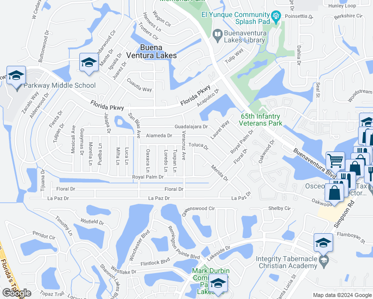 map of restaurants, bars, coffee shops, grocery stores, and more near 103 Veracruz Avenue in Kissimmee