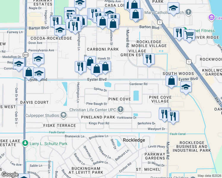 map of restaurants, bars, coffee shops, grocery stores, and more near 866 Gardener Road in Rockledge