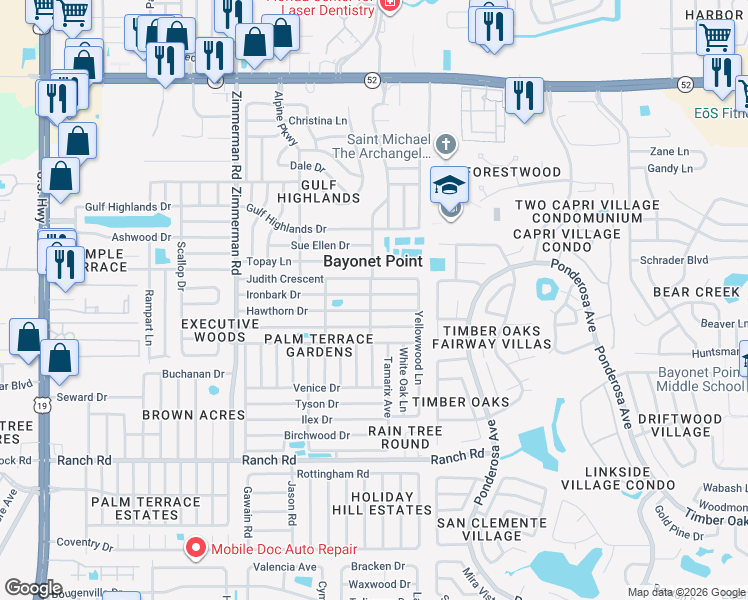map of restaurants, bars, coffee shops, grocery stores, and more near 7840 Ironbark Drive in Port Richey