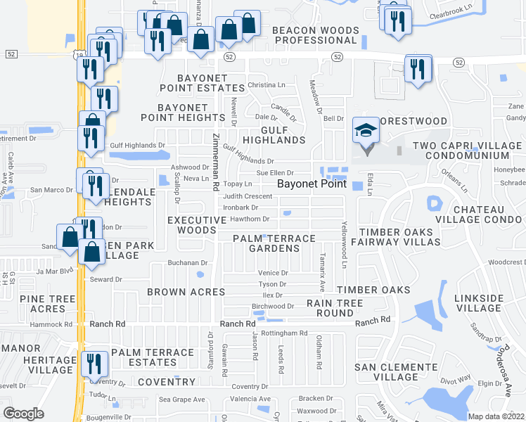 map of restaurants, bars, coffee shops, grocery stores, and more near 7630 Ironbark Drive in Port Richey