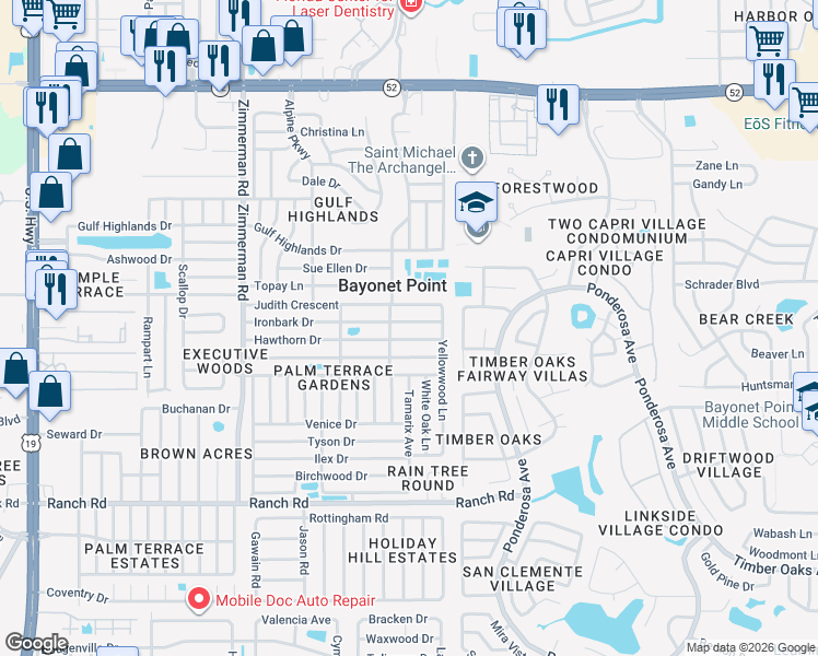 map of restaurants, bars, coffee shops, grocery stores, and more near 7840 Ironbark Drive in Port Richey