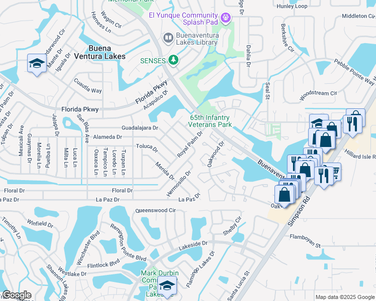map of restaurants, bars, coffee shops, grocery stores, and more near 484 Royal Palm Drive in Kissimmee
