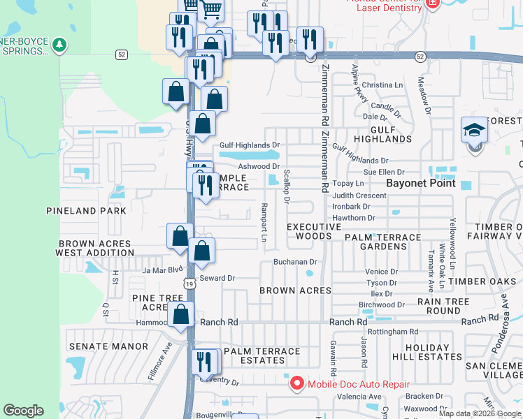 map of restaurants, bars, coffee shops, grocery stores, and more near 11409 Rampart Lane in Port Richey
