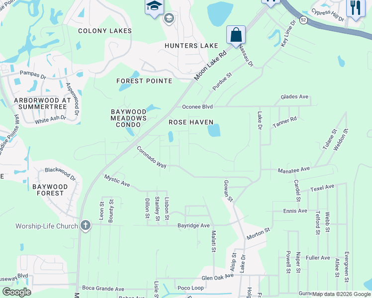 map of restaurants, bars, coffee shops, grocery stores, and more near 11410 Rimrock Street in New Port Richey