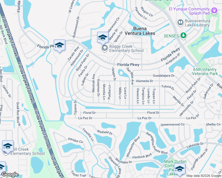 map of restaurants, bars, coffee shops, grocery stores, and more near 115 Puelba Lane in Kissimmee