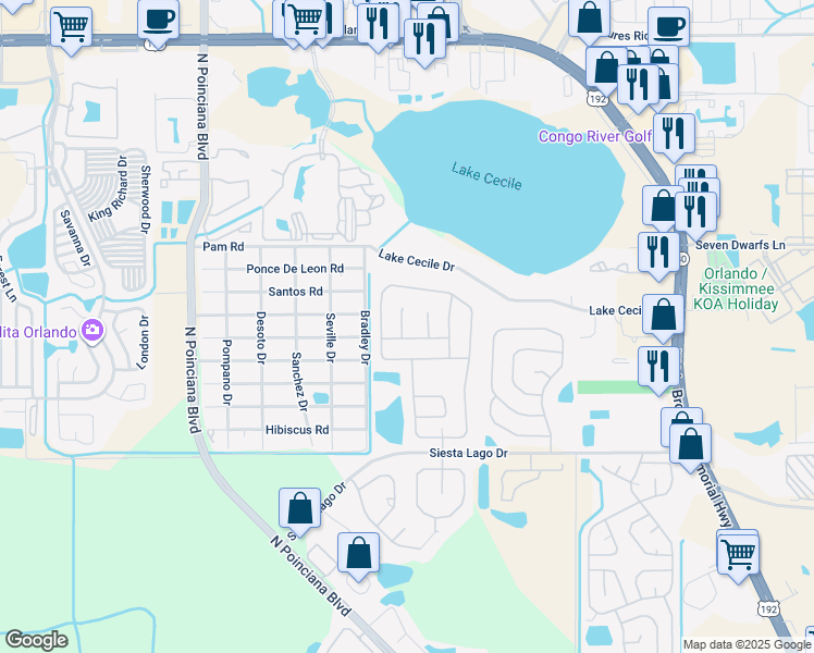 map of restaurants, bars, coffee shops, grocery stores, and more near 2603 Avondale Court in Kissimmee