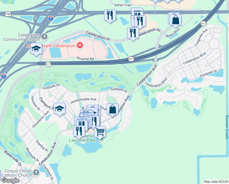 map of restaurants, bars, coffee shops, grocery stores, and more near 512 Golfpark Drive in Kissimmee