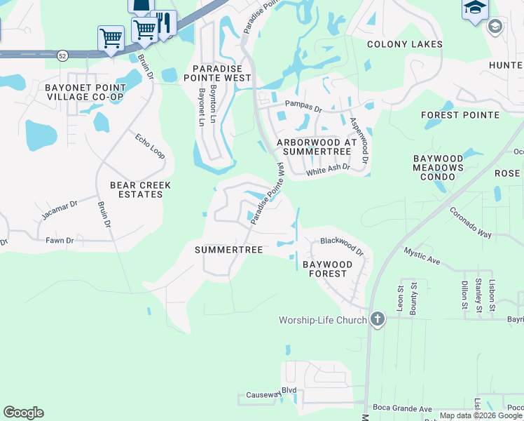 map of restaurants, bars, coffee shops, grocery stores, and more near 11416 Paradise Pointe Way in New Port Richey