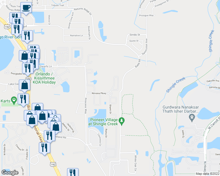 map of restaurants, bars, coffee shops, grocery stores, and more near 2604 Tranquility Way in Kissimmee