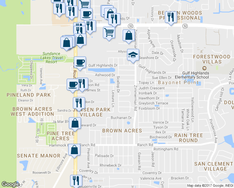 map of restaurants, bars, coffee shops, grocery stores, and more near 11407 Scallop Drive in Port Richey