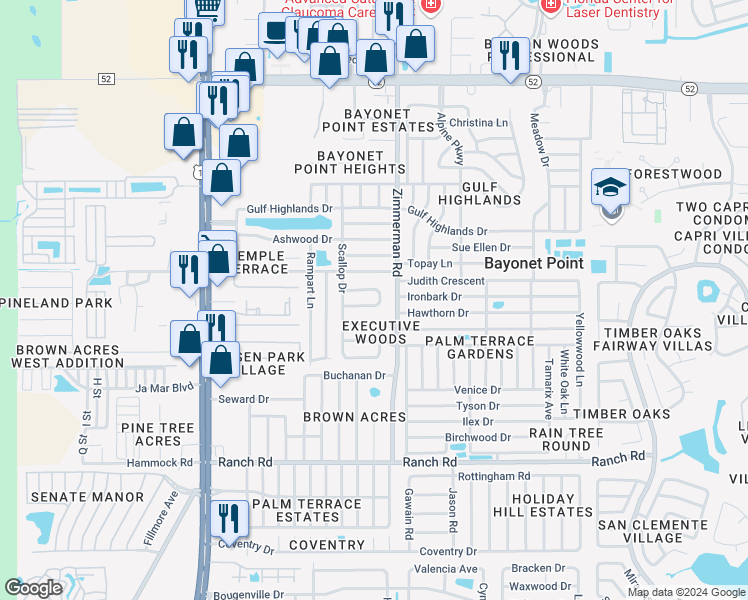 map of restaurants, bars, coffee shops, grocery stores, and more near 7415 Dauvin Court in Port Richey