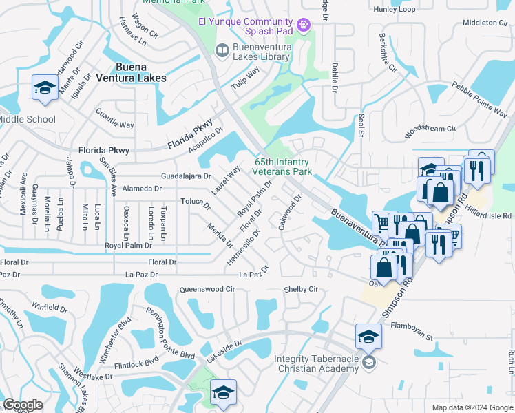 map of restaurants, bars, coffee shops, grocery stores, and more near 484 Royal Palm Drive in Kissimmee
