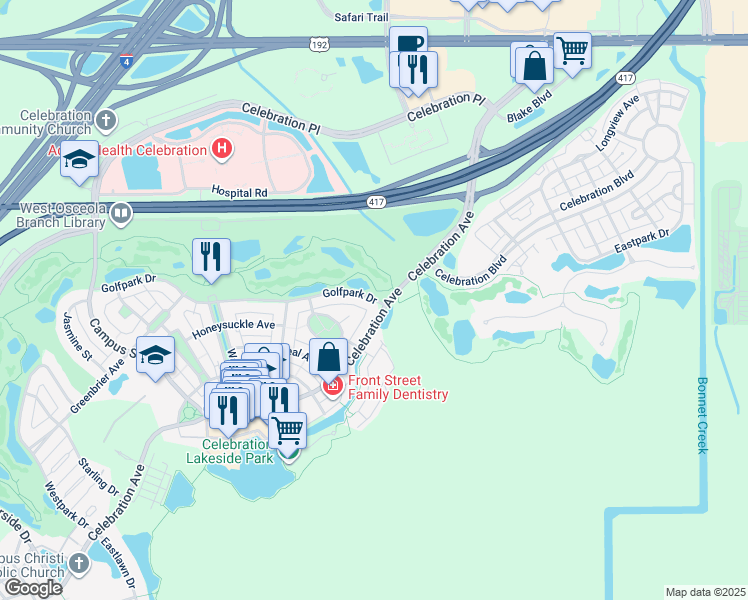 map of restaurants, bars, coffee shops, grocery stores, and more near 502 Golfpark Drive in Kissimmee