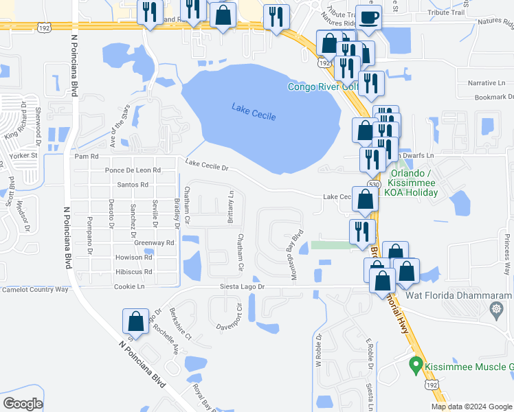 map of restaurants, bars, coffee shops, grocery stores, and more near 2665 Montego Bay Boulevard in Kissimmee