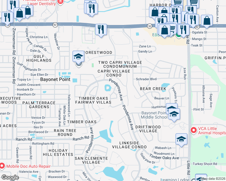 map of restaurants, bars, coffee shops, grocery stores, and more near 11411 Dollar Lake Drive in Port Richey
