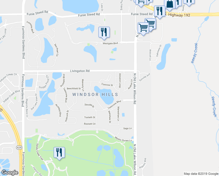 map of restaurants, bars, coffee shops, grocery stores, and more near 7600 Comrow Street in Kissimmee